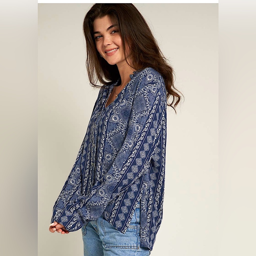 NWT Lucky 🍀 Brand Border Print Top, Blue/Multi, Size Medium